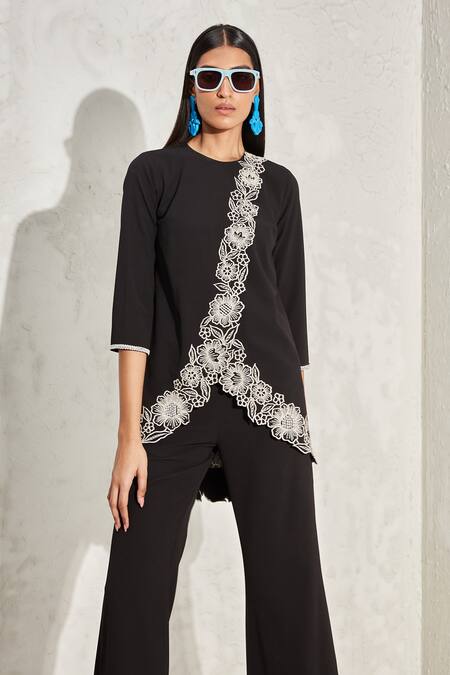 Shop Namrata Joshipura Black Moss Crepe Hand Embellished Floral Wisteria Overlap Top And Pant Co-ord Set Online at Aza Fashions Shop_Namrata Joshipura_Black Moss Crepe Hand Embellished Floral Wisteria Overlap Top And Pant Co-ord Set_Online_at_Aza_Fashions
