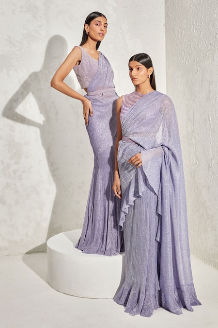 Shop_Namrata Joshipura_Purple Crepe Embroidery Pearl Gathered Pre-draped Saree_Online_at_Aza_Fashions