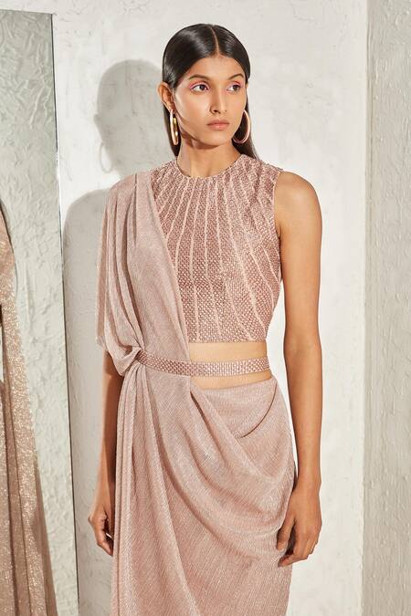 Buy_NAMRATA JOSHIPURA_Pink Crepe Metallic Thread Shimmer Pre-draped Saree_Online_at_Aza_Fashions