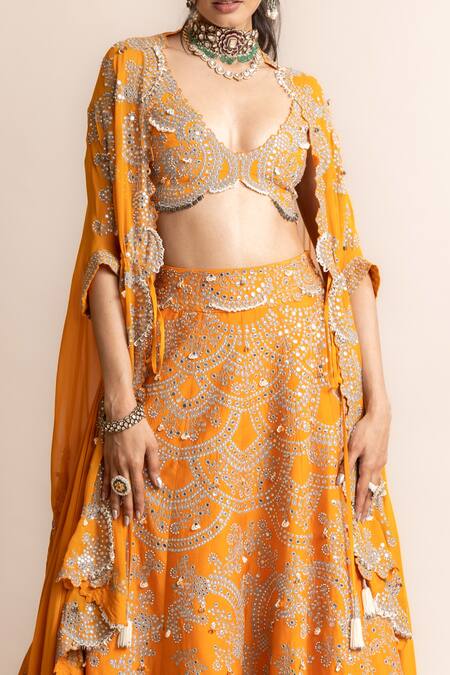 Nupur Kanoi Orange Crepe, Satin, Canvas Mirrors, Border Embroidered Cape Lehenga Set Online at Aza Fashions Nupur Kanoi_Orange Crepe, Satin, Canvas Mirrors, Border Embroidered Cape Lehenga Set _Online_at_Aza_Fashions