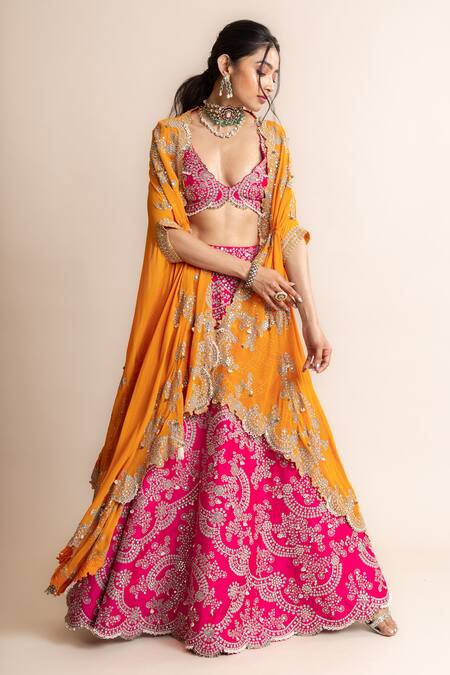 Buy_Nupur Kanoi_Fuchsia Crepe, Satin, Lycra Border Embroidered Cape And Contrast Lehenga Set _Online_at_Aza_Fashions