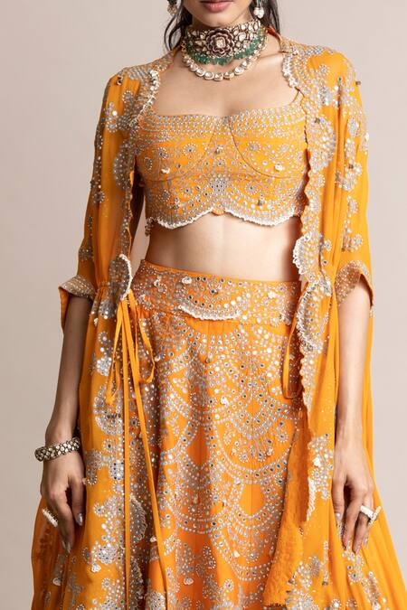 Nupur Kanoi Orange Crepe, Satin, Georgette Mirrors, Sequins, Studs, Work Cape Lehenga Set Online at Aza Fashions Nupur Kanoi_Orange Crepe, Satin, Georgette Mirrors, Sequins, Studs, Work Cape Lehenga Set _Online_at_Aza_Fashions