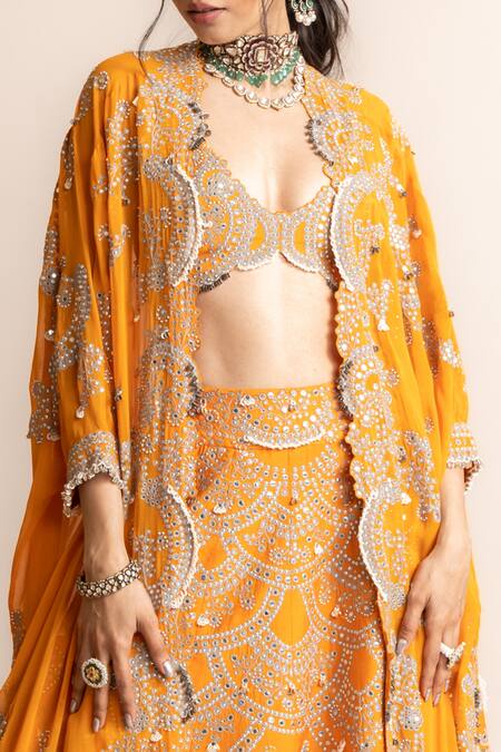 Nupur Kanoi Orange Crepe, Satin, Lycra, Canvas Embroidery, Mirror Work Cape Lehenga Set Online at Aza Fashions Nupur Kanoi_Orange Crepe, Satin, Lycra, Canvas Embroidery, Mirror Work Cape Lehenga Set _Online_at_Aza_Fashions