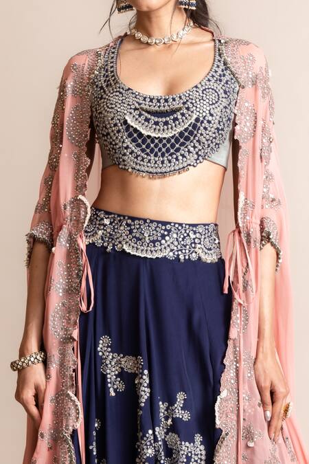 Nupur Kanoi Blue Crepe, Silk Mirrors, Sequins, Embroidered Scallop Border Cape And Lehenga Set Online at Aza Fashions Nupur Kanoi_Blue Crepe, Silk Mirrors, Sequins, Embroidered Scallop Border Cape And Lehenga Set _Online_at_Aza_Fashions
