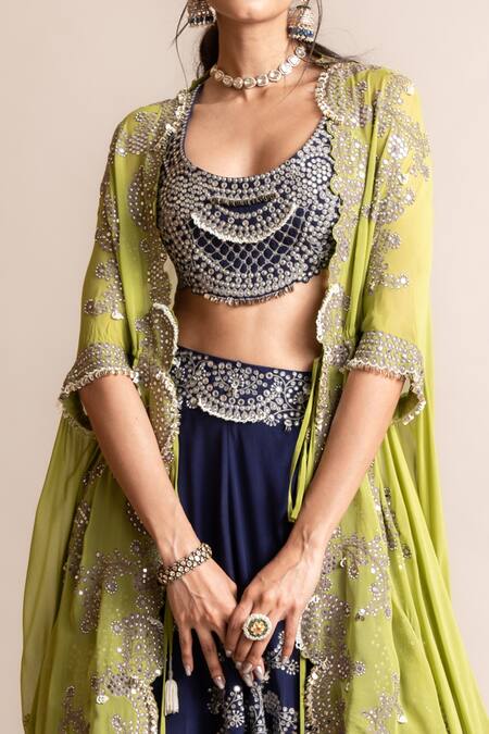 Nupur Kanoi_Blue Crepe, Silk Studs, Pearls, Embroidered Lehenga Set With Contrast Cape _Online_at_Aza_Fashions