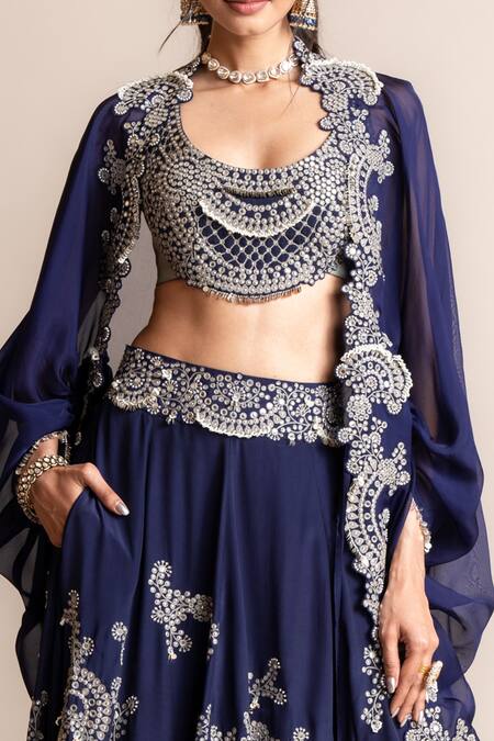 Nupur Kanoi_Blue Crepe Studs, Pearls, Sequins Border Embroidered Kite Cape And Lehenga Set _Online_at_Aza_Fashions