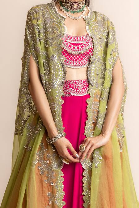 Nupur Kanoi Fuchsia Crepe, Satin, Lycra, Mirror Embroidered Lehenga Set With Contrast Cape Online at Aza Fashions Nupur Kanoi_Fuchsia Crepe, Satin, Lycra, Mirror Embroidered Lehenga Set With Contrast Cape _Online_at_Aza_Fashions