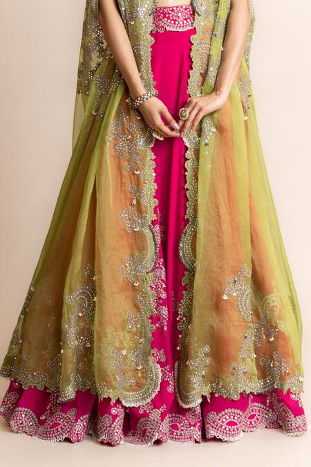 Buy Nupur Kanoi Fuchsia Crepe, Satin, Lycra, Mirror Embroidered Lehenga Set With Contrast Cape Online at Aza Fashions Buy_Nupur Kanoi_Fuchsia Crepe, Satin, Lycra, Mirror Embroidered Lehenga Set With Contrast Cape _Online_at_Aza_Fashions