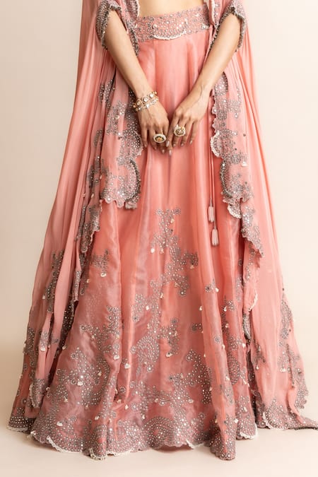 Buy Nupur Kanoi Pink Crepe, Satin, Organza Embroidered Asymmetric Hem Cape And Lehenga Set Online at Aza Fashions Buy_Nupur Kanoi_Pink Crepe, Satin, Organza Embroidered Asymmetric Hem Cape And Lehenga Set _Online_at_Aza_Fashions