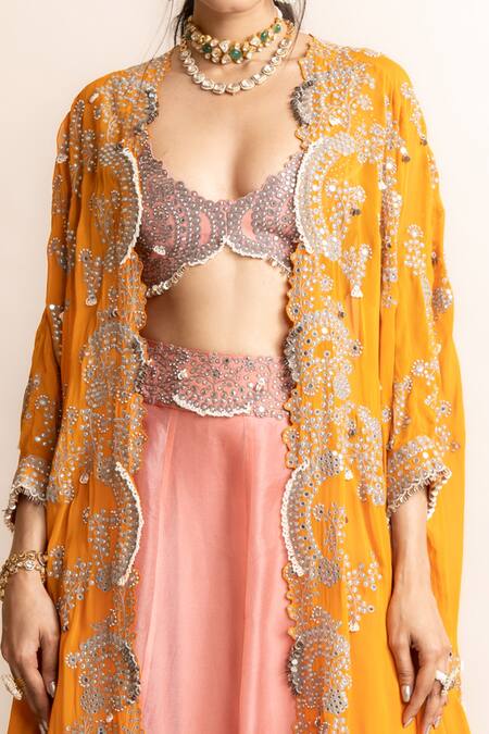 Nupur Kanoi Pink Crepe, Satin, Organza Embroidered Lehenga Set With Contrast Triangle Cape Online at Aza Fashions Nupur Kanoi_Pink Crepe, Satin, Organza Embroidered Lehenga Set With Contrast Triangle Cape _Online_at_Aza_Fashions