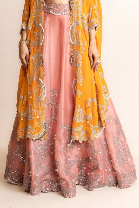 Buy Nupur Kanoi Pink Crepe, Satin, Organza Embroidered Lehenga Set With Contrast Triangle Cape Online at Aza Fashions Buy_Nupur Kanoi_Pink Crepe, Satin, Organza Embroidered Lehenga Set With Contrast Triangle Cape _Online_at_Aza_Fashions