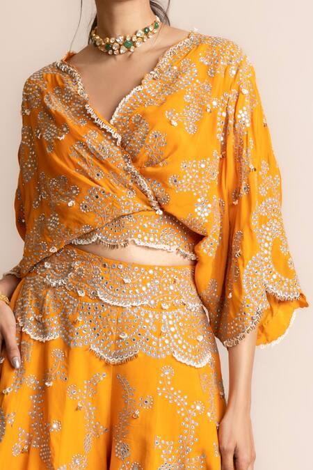 Nupur Kanoi_Orange V-neck Hand Embroidered Kaftan And Sharara Set _Online_at_Aza_Fashions