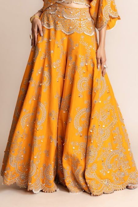 Buy_Nupur Kanoi_Orange V-neck Hand Embroidered Kaftan And Sharara Set _Online_at_Aza_Fashions