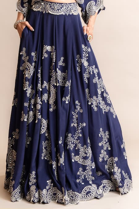 Nupur Kanoi_Blue Crepe Hand Embroidery Mirror Work V Neck Lehenga And Kaftan Top Set  _Online_at_Aza_Fashions