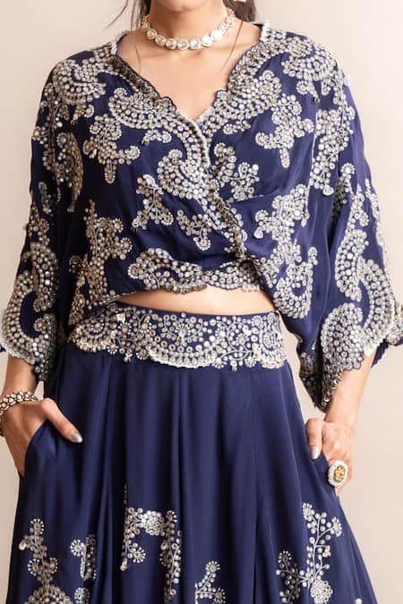 Buy_Nupur Kanoi_Blue Crepe Hand Embroidery Mirror Work V Neck Lehenga And Kaftan Top Set  _Online_at_Aza_Fashions