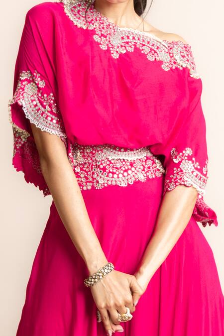 Nupur Kanoi Fuchsia Crepe, Silk, Canvas Mirrors, Placement Hand Embroidered Top With Sharara Online at Aza Fashions Nupur Kanoi_Fuchsia Crepe, Silk, Canvas Mirrors, Placement Hand Embroidered Top With Sharara _Online_at_Aza_Fashions