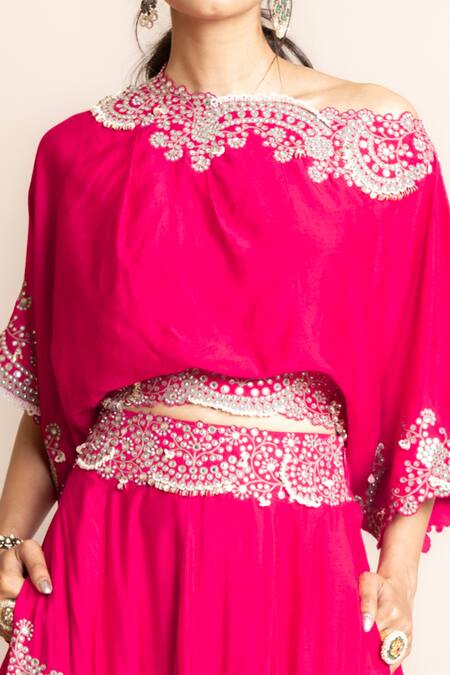 Nupur Kanoi Fuchsia Crepe, Silk Mirrors, Hand Embroidered Lehenga And Off Shoulder Top Set Online at Aza Fashions Nupur Kanoi_Fuchsia Crepe, Silk Mirrors, Hand Embroidered Lehenga And Off Shoulder Top Set _Online_at_Aza_Fashions