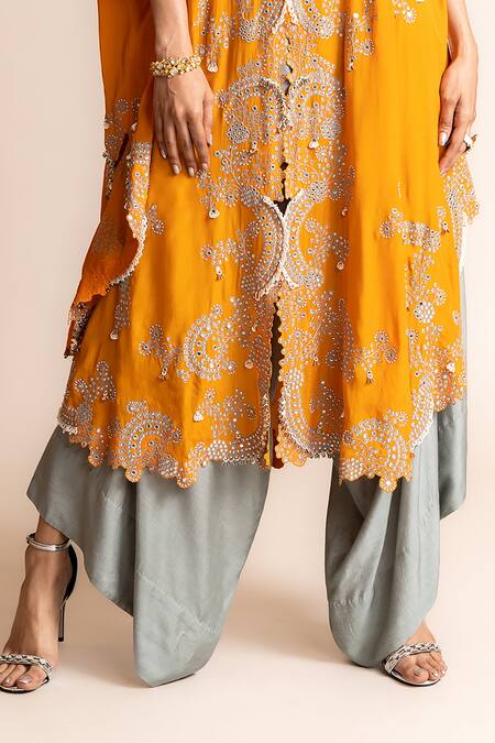 Nupur Kanoi Orange Silk Hand Embroidered Triangle Cape With Pant Online at Aza Fashions Nupur Kanoi_Orange Silk Hand Embroidered Triangle Cape With Pant _Online_at_Aza_Fashions
