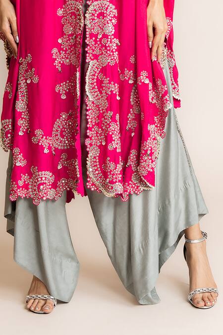 Nupur Kanoi Fuchsia Silk Hand Embroidered Cape With Pant Online at Aza Fashions Nupur Kanoi_Fuchsia Silk Hand Embroidered Cape With Pant _Online_at_Aza_Fashions