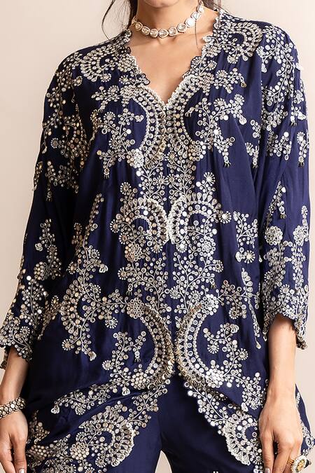 Nupur Kanoi Blue Crepe Mirrors, Studs, Pearls Hand Embroidered Kite Tunic With Gharara Online at Aza Fashions Nupur Kanoi_Blue Crepe Mirrors, Studs, Pearls Hand Embroidered Kite Tunic With Gharara _Online_at_Aza_Fashions