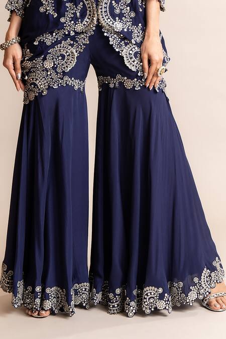 Buy Nupur Kanoi Blue Crepe Mirrors, Studs, Pearls Hand Embroidered Kite Tunic With Gharara Online at Aza Fashions Buy_Nupur Kanoi_Blue Crepe Mirrors, Studs, Pearls Hand Embroidered Kite Tunic With Gharara _Online_at_Aza_Fashions