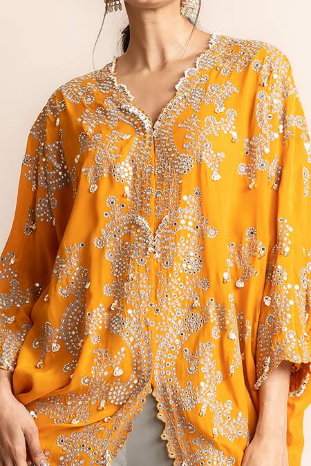Nupur Kanoi Orange Crepe Studs, Pearls, Hand Embroidered Kite Tunic With Bias Gharara Online at Aza Fashions Nupur Kanoi_Orange Crepe Studs, Pearls, Hand Embroidered Kite Tunic With Bias Gharara _Online_at_Aza_Fashions