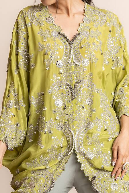 Nupur Kanoi Green Crepe Sequins, Mirrors, Hand Embroidered Kite Tunic And Bias Gharara Set Online at Aza Fashions Nupur Kanoi_Green Crepe Sequins, Mirrors, Hand Embroidered Kite Tunic And Bias Gharara Set _Online_at_Aza_Fashions