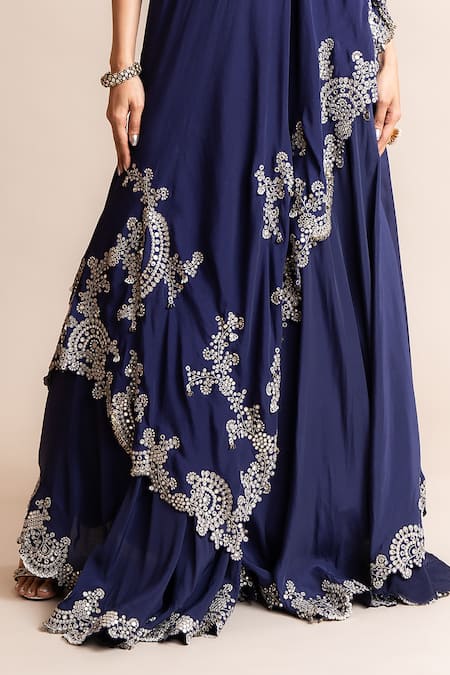 Nupur Kanoi_Blue Crepe Sequins Hand Embroidered One Shoulder Cape With Sharara _Online_at_Aza_Fashions