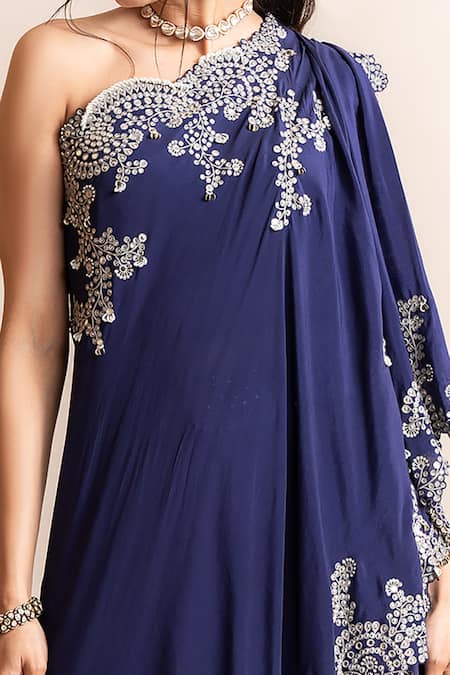 Buy_Nupur Kanoi_Blue Crepe Sequins Hand Embroidered One Shoulder Cape With Sharara _Online_at_Aza_Fashions