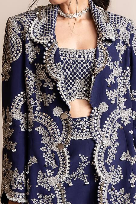 Nupur Kanoi Blue Crepe, Satin Pearls, Sequins, Mirrors, Hand Embroidered Blazer And Pant Set Online at Aza Fashions Nupur Kanoi_Blue Crepe, Satin Pearls, Sequins, Mirrors, Hand Embroidered Blazer And Pant Set _Online_at_Aza_Fashions