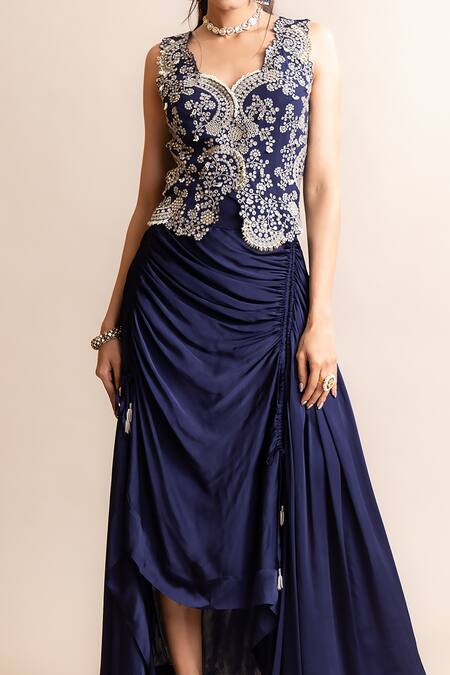 Nupur Kanoi Blue Crepe, Satin Mirrors, Sequins, Studs Hand Embroidered Waistcoat And Skirt Set Online at Aza Fashions Nupur Kanoi_Blue Crepe, Satin Mirrors, Sequins, Studs Hand Embroidered Waistcoat And Skirt Set _Online_at_Aza_Fashions