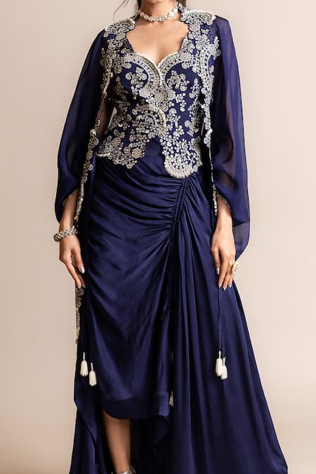 Nupur Kanoi Blue Satin, Crepe, Organza Placement Hand Embroidered Kite Cape And Skirt Set Online at Aza Fashions Nupur Kanoi_Blue Satin, Crepe, Organza Placement Hand Embroidered Kite Cape And Skirt Set _Online_at_Aza_Fashions