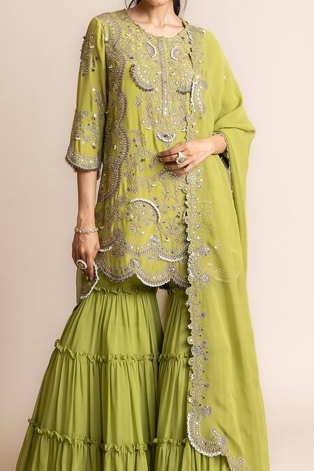 Nupur Kanoi Green Crepe, Canvas Mirrors, Sequins, Smocking Round Hand Embroidered Kurta Set Online at Aza Fashions Nupur Kanoi_Green Crepe, Canvas Mirrors, Sequins, Smocking Round Hand Embroidered Kurta Set _Online_at_Aza_Fashions