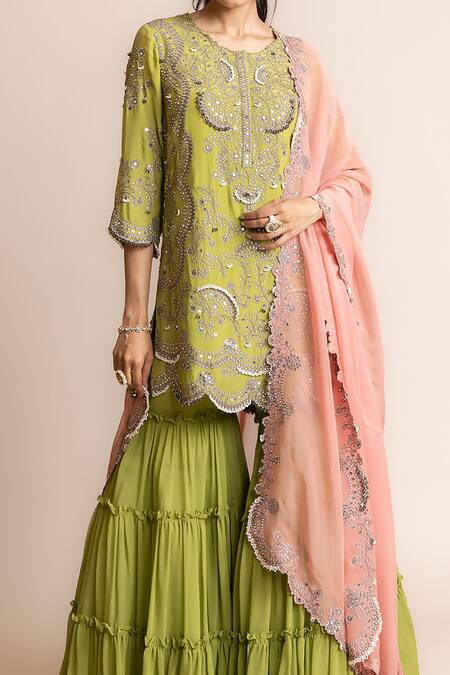 Nupur Kanoi Green Crepe, Canvas, Chiffon Sequins, Studs, Pearls, Floral Hand Kurta Set Online at Aza Fashions Nupur Kanoi_Green Crepe, Canvas, Chiffon Sequins, Studs, Pearls, Floral Hand Kurta Set _Online_at_Aza_Fashions