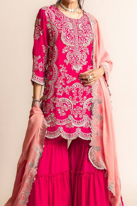Nupur Kanoi Fuchsia Crepe, Canvas, Chiffon Sequins, Studs, Pearls, Mandala Hand Kurta Set Online at Aza Fashions Nupur Kanoi_Fuchsia Crepe, Canvas, Chiffon Sequins, Studs, Pearls, Mandala Hand Kurta Set _Online_at_Aza_Fashions