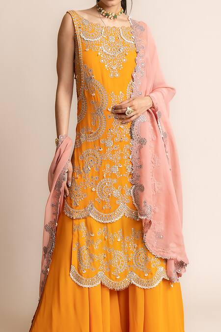 Nupur Kanoi_Orange Crepe, Georgette Studs, Pearls, Hand Embroidered Double Layered Kurta Set _Online_at_Aza_Fashions