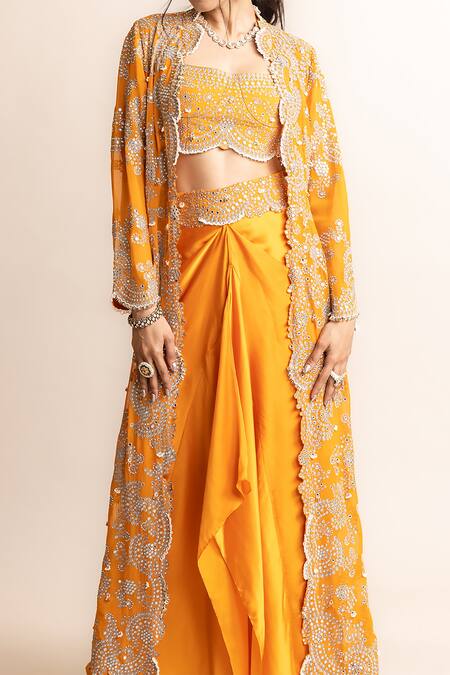 Nupur Kanoi Orange Georgette, Satin, Crepe Studs, Hand Embroidered Long Jacket And Skirt Set Online at Aza Fashions Nupur Kanoi_Orange Georgette, Satin, Crepe Studs, Hand Embroidered Long Jacket And Skirt Set _Online_at_Aza_Fashions