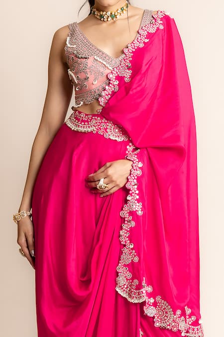 Nupur Kanoi Fuchsia Crepe, Silk Placement Hand Embroidered Pre-draped Saree With Blouse Online at Aza Fashions Nupur Kanoi_Fuchsia Crepe, Silk Placement Hand Embroidered Pre-draped Saree With Blouse _Online_at_Aza_Fashions