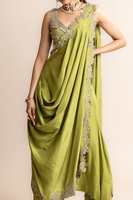 Nupur Kanoi Green Crepe, Hemp Studs, Pre-draped Dhoti Saree With Hand Embroidered Blouse Online at Aza Fashions Nupur Kanoi_Green Crepe, Hemp Studs, Pre-draped Dhoti Saree With Hand Embroidered Blouse _Online_at_Aza_Fashions