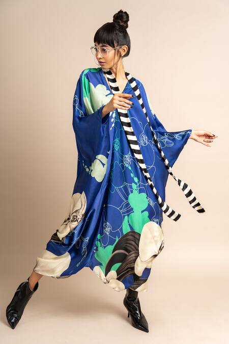 Buy_Nupur Kanoi_Blue Satin V-neck Flower Print Kaftan_Online_at_Aza_Fashions