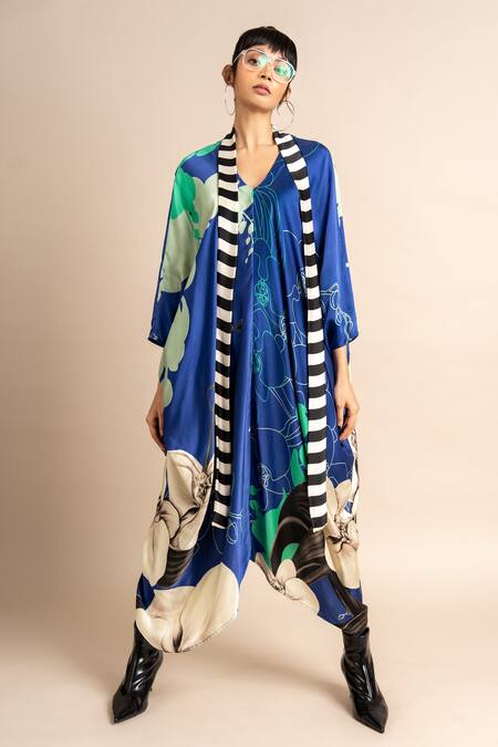 Nupur Kanoi_Blue Satin V-neck Flower Print Kaftan_at_Aza_Fashions