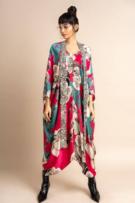 Buy_Nupur Kanoi_Magenta Satin Embroidery V-neck Floret Print Kaftan _Online_at_Aza_Fashions