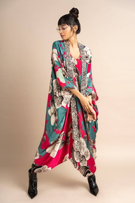 Shop_Nupur Kanoi_Magenta Satin Embroidery V-neck Floret Print Kaftan _Online_at_Aza_Fashions