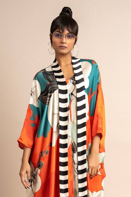 Nupur Kanoi_Orange Satin V-neck Botanical Print Kaftan_Online_at_Aza_Fashions
