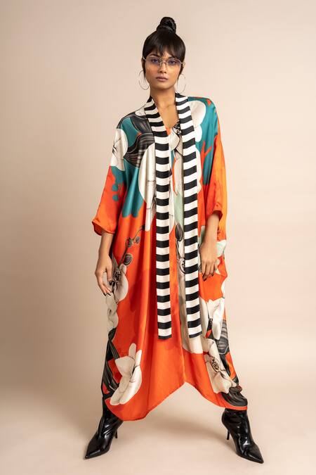 Nupur Kanoi_Orange Satin V-neck Botanical Print Kaftan_at_Aza_Fashions