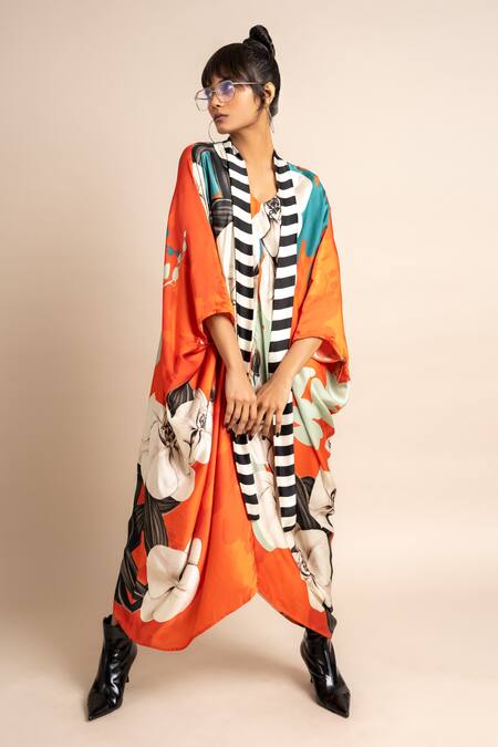 Buy_Nupur Kanoi_Orange Satin V-neck Botanical Print Kaftan_Online_at_Aza_Fashions