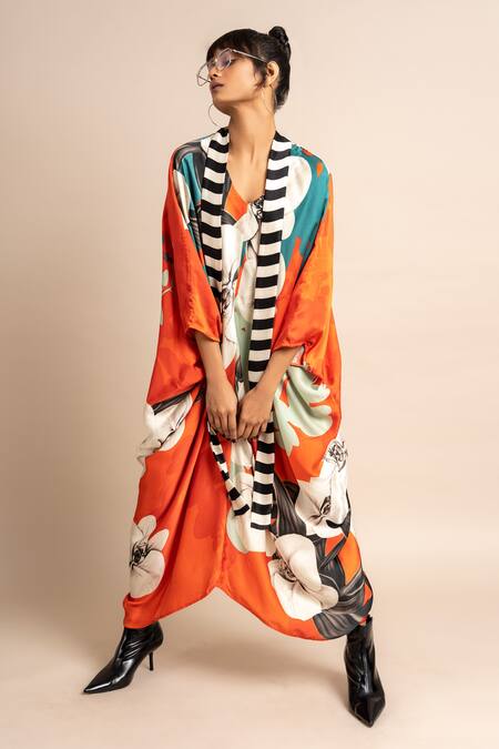 Shop_Nupur Kanoi_Orange Satin V-neck Botanical Print Kaftan_Online_at_Aza_Fashions