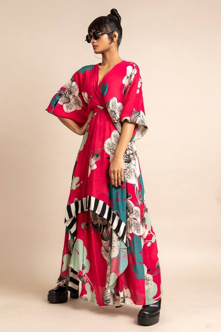 Nupur Kanoi_Magenta Crepe Split V-neck Hanki Flower Print Dress_Online_at_Aza_Fashions