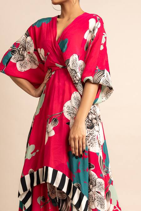 Buy_Nupur Kanoi_Magenta Crepe Split V-neck Hanki Flower Print Dress_Online_at_Aza_Fashions