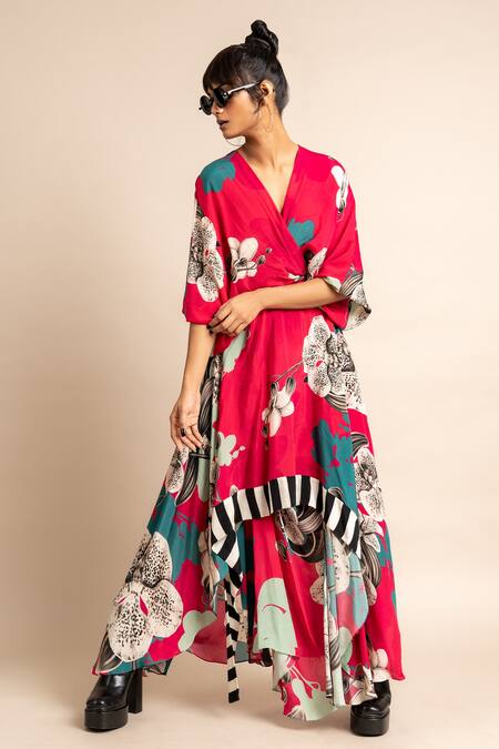 Shop_Nupur Kanoi_Magenta Crepe Split V-neck Hanki Flower Print Dress_Online_at_Aza_Fashions